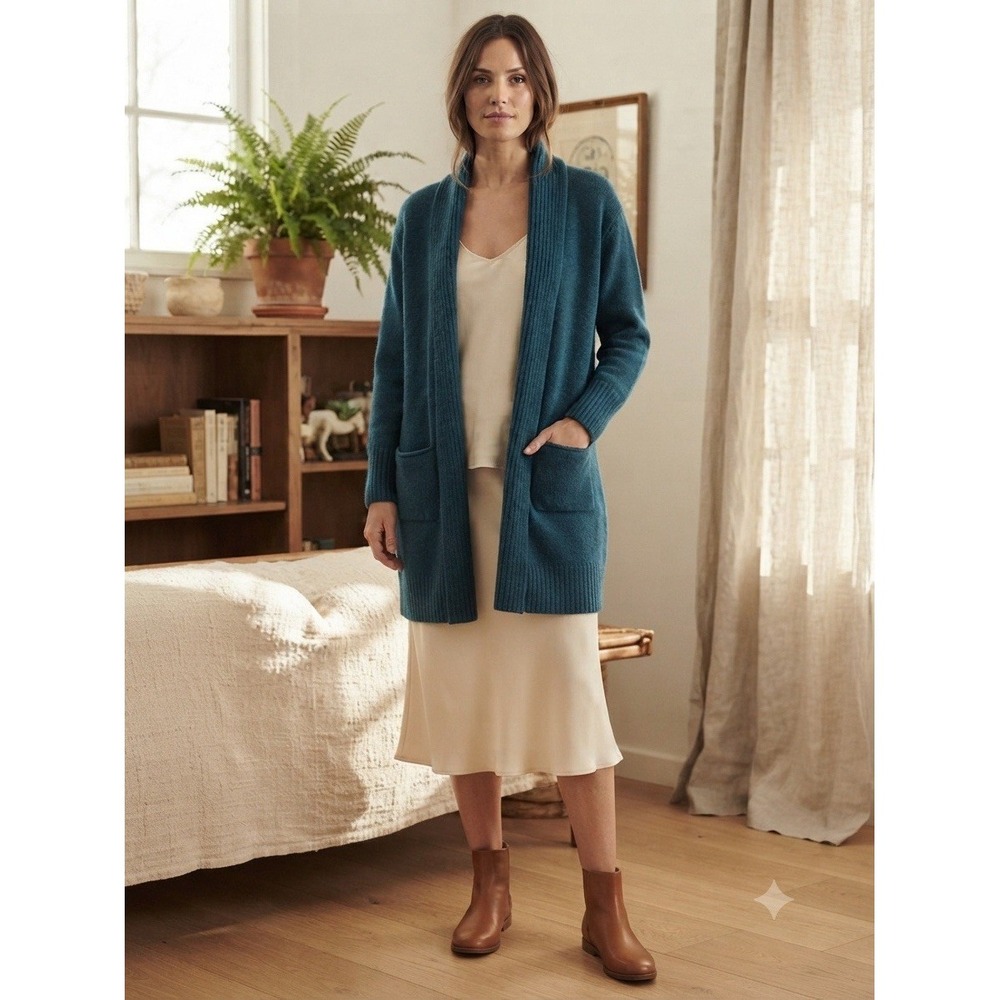 VTG Kerry Woolen Mills Ireland Pure New Wool Open Cardigan Blue Sz L/XL